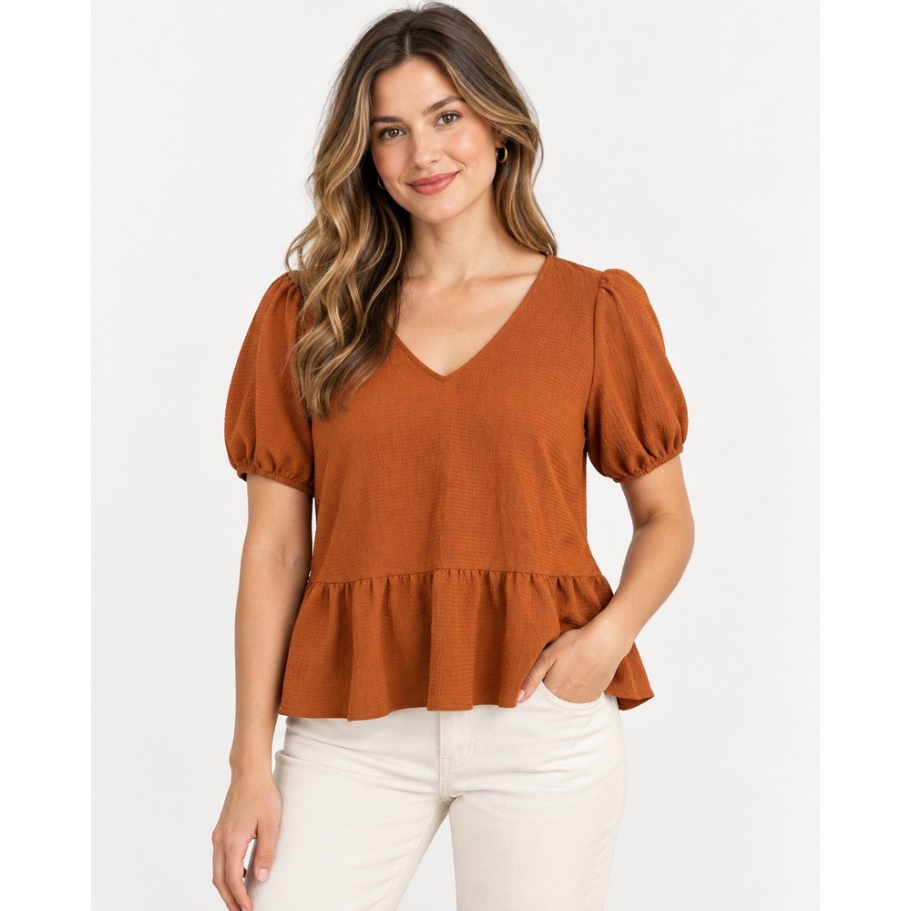 Nine West Womens Medium Rust Orange Textured Peplum V Neck Puff Sleeve Blouse